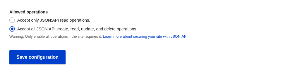 Drupal's JSON:API settings form with the accept-all-operations option selected